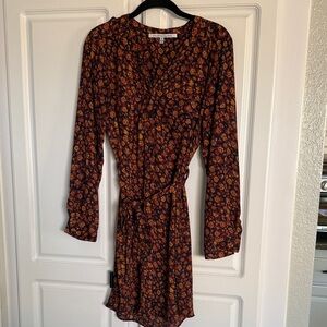 Collective Concepts Long-Sleeve Floral Wrap Dress in Rust and Mustard